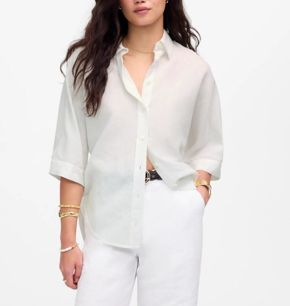 Madewell Oversized Pleated-Sleeve Button-Up Shirt Womens XS White Linen Cotton
